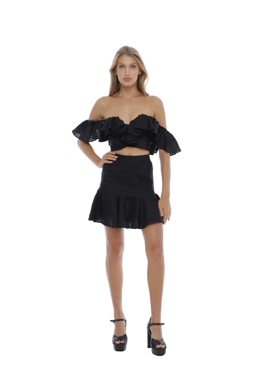 Fitted black ruffle clearance skirt